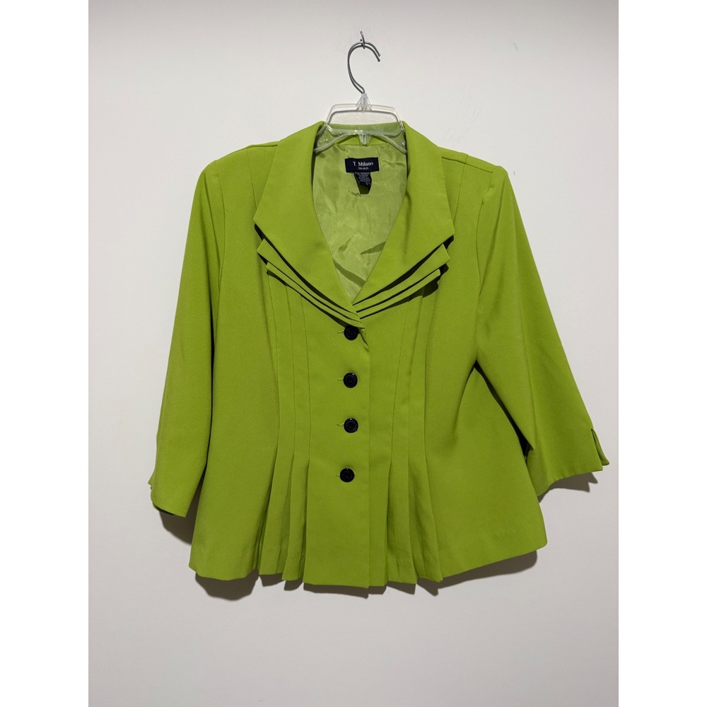 T. Milano Stretch Lime Green Tiered Lapel Pleated Peplum Blazer Jacket Size 14
